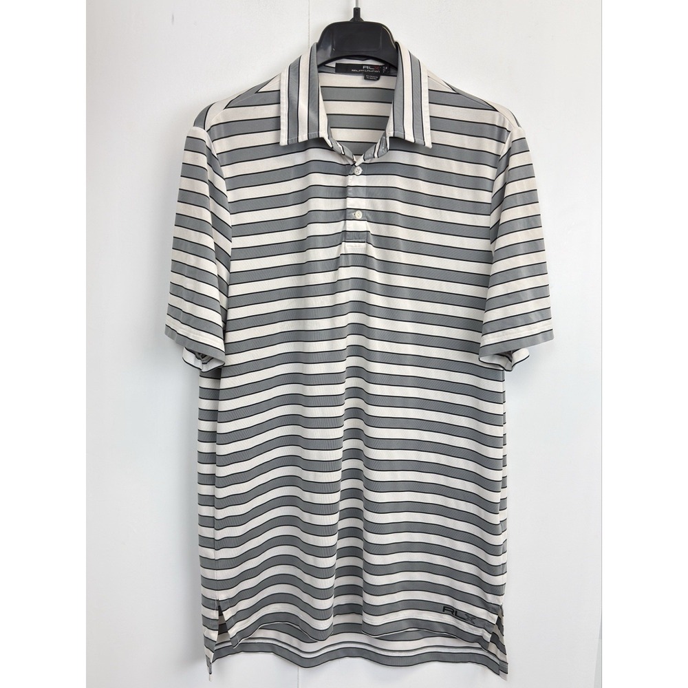 RLX Ralph Lauren Polo Golf Shirt Men's Medium‎ M White Gray Stripes Performance